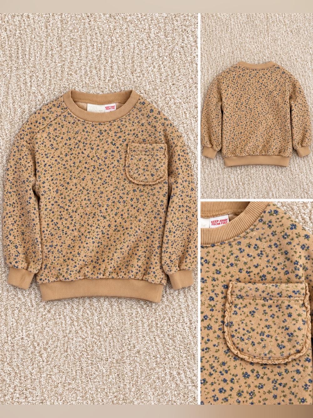 Zara Girls 6Y Floral Sweatshirt Tan Blue Flowers Pocket Boho Vintage Style